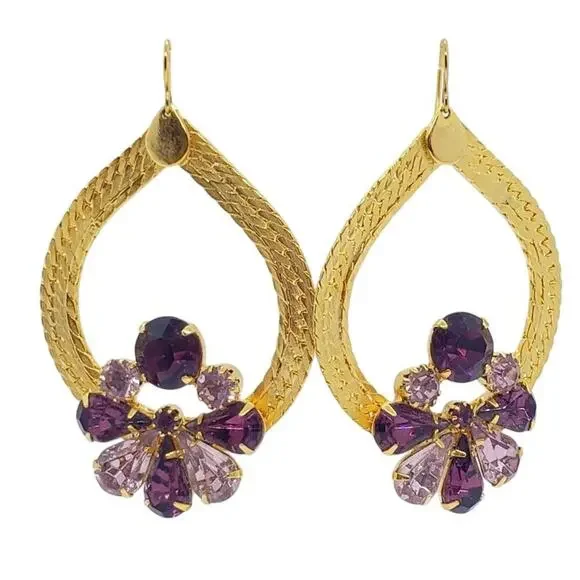 Vintage Gold Tone Dangle Earrings Teardrop Chain Purple Rhinestone Floral - Picture 2 of 9